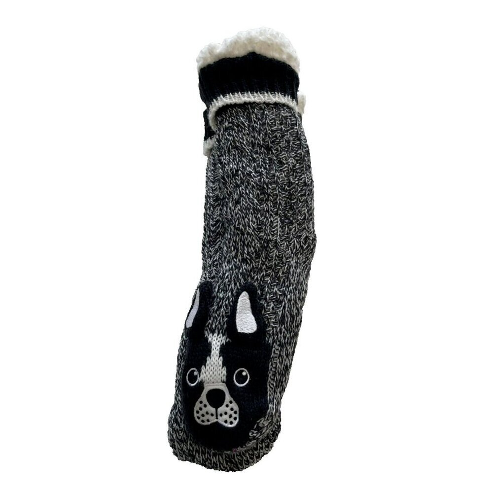 NEW Womens Black White Dog Knit Slipper Socks Grips Sherpa